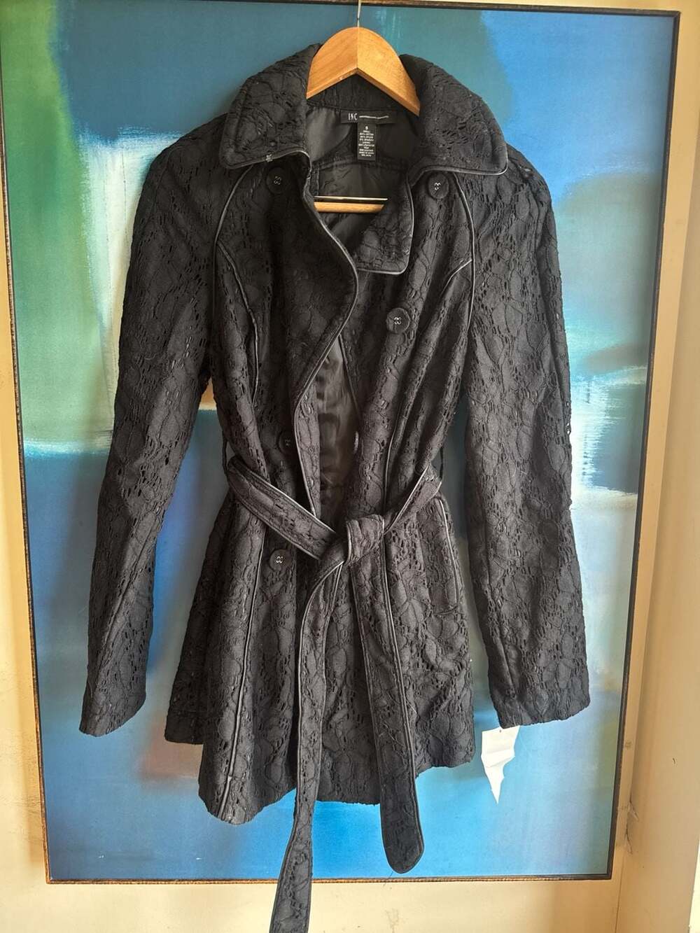 INC International Concepts Black Floral Lace Belted Trench Coat
